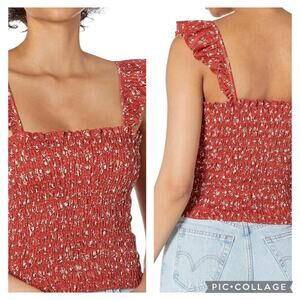 Lucky Brand Red Ditsy Floral Ruffled Crop Smocked Cami Tank LARGE Y2K Coquette